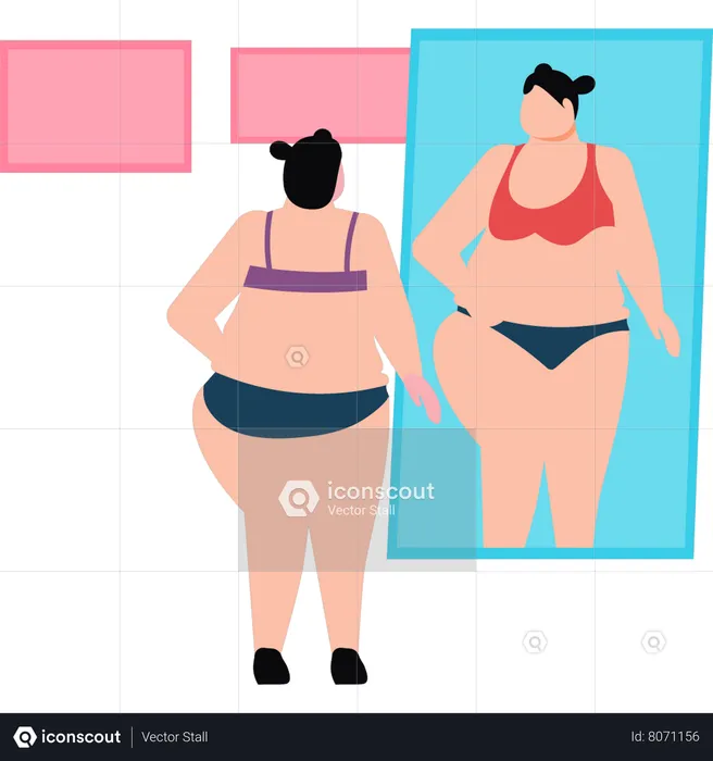 Fatty lady is looking at herself in the mirror  Illustration