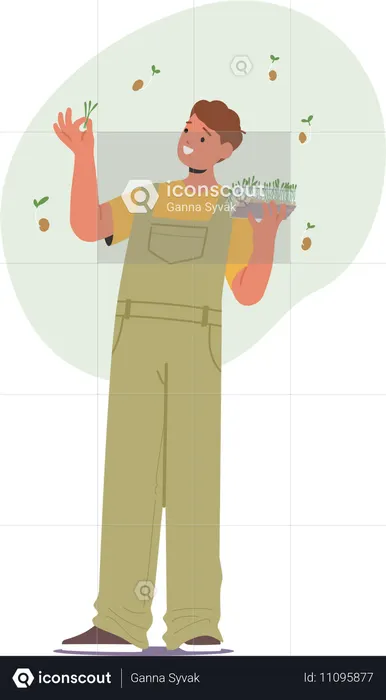 Personagem masculino fazendeiro apresenta com entusiasmo microgreens vibrantes demonstrando seu valor nutricional  Ilustração