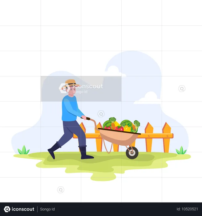 Agricultor Segurando Carrinho de Mão com Vegetais  Ilustração