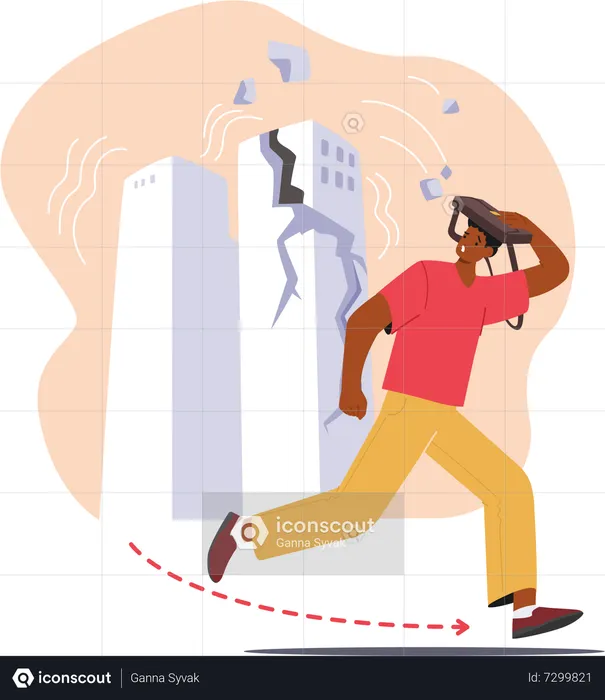Fear stricken Man Flees Shattered Building Amidst Earthquake Chaos  Illustration