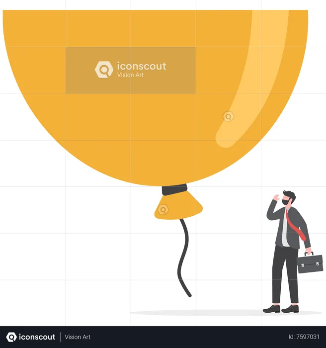 Fearful businessman investor standing under huge big air balloon bubble  Illustration