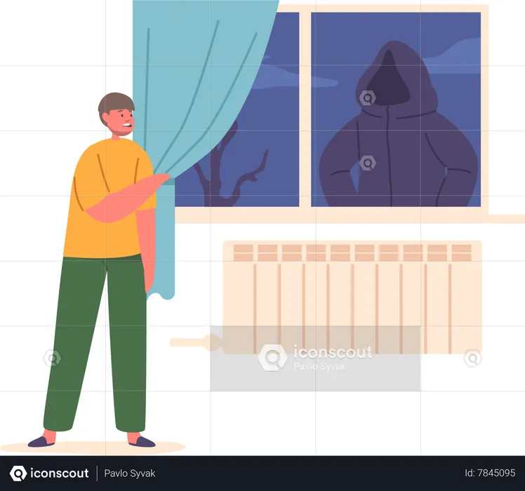 Fearful Child Boy Peers Through Window  Illustration