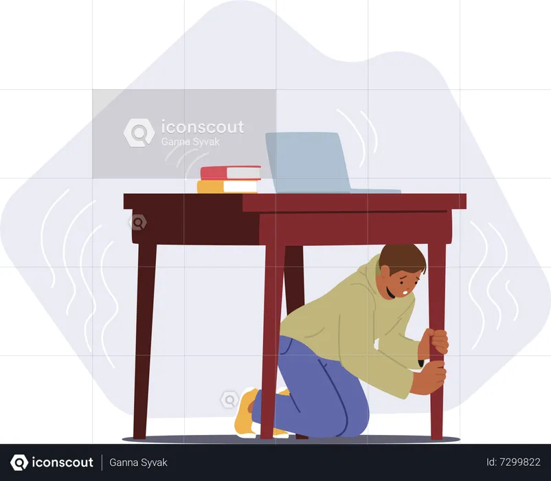 Fearful Man Hides Under Table For Safety During Earthquake  Illustration