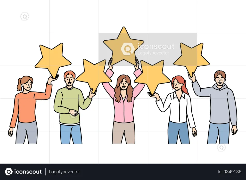 Feedback cinco estrelas de pessoas que usaram os serviços da empresa e deram uma classificação excelente  Ilustração