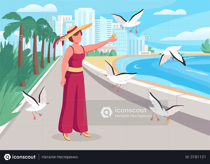 Feeding seagulls on coast  Illustration