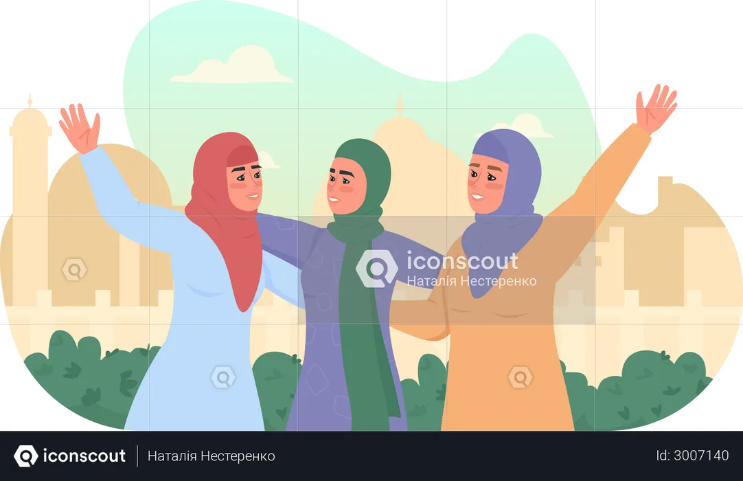 Chicas árabes felices en hijabs  Ilustración