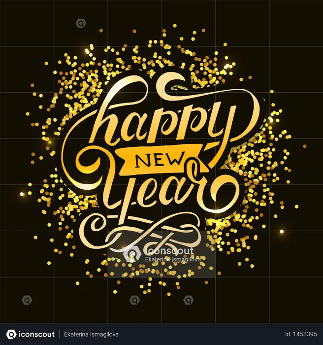 Feliz ano novo vetor gradiente frase letras caligrafia adesivo dourado  Ilustração