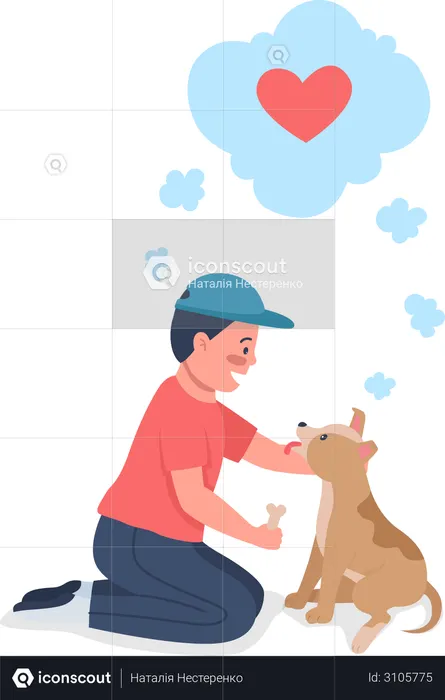 Feliz criança caucasiana treinando cachorro  Ilustração
