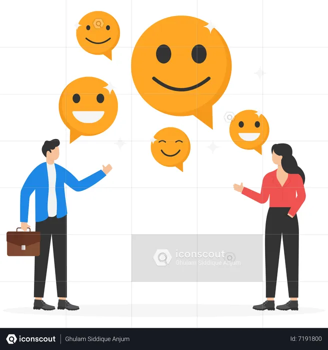 Feliz hombre de negocios y mujer sosteniendo el símbolo de la cara sonriente  Ilustración