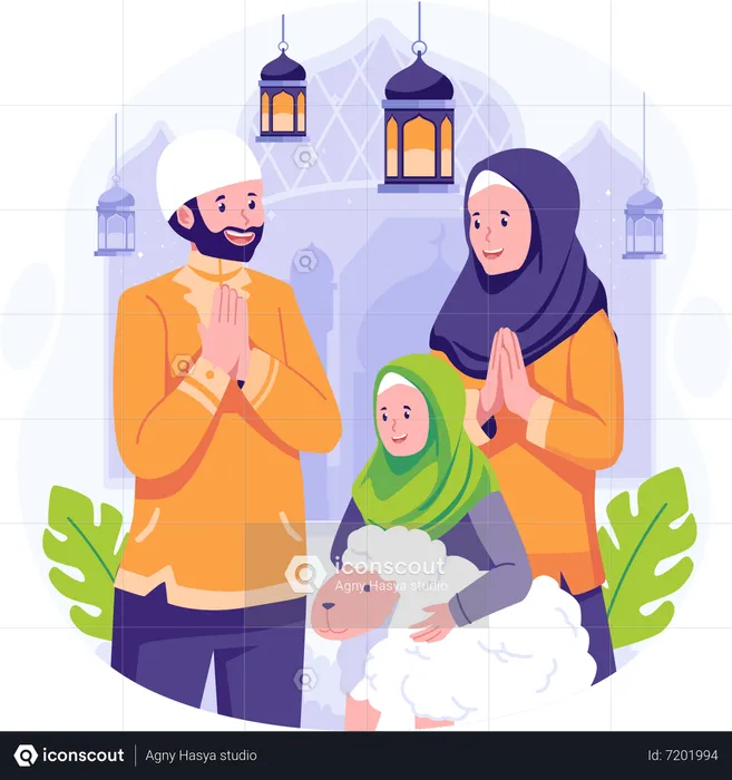 Feliz família muçulmana cumprimentando Eid Al Adha  Ilustração