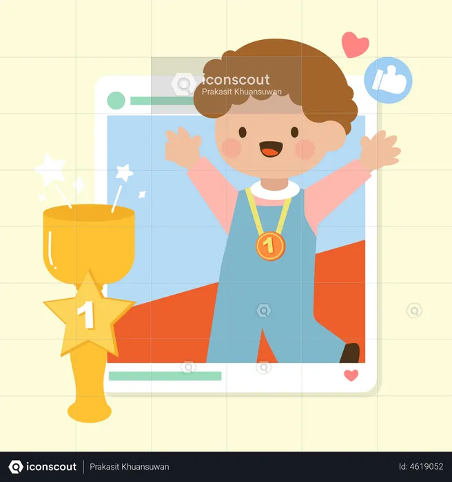 Feliz garotinho fofo segurando o troféu de ouro e postar nas redes sociais  Ilustração