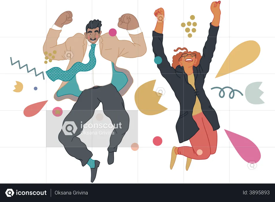 Feliz hombre y mujer de negocios saltando alegremente en el aire  Ilustración