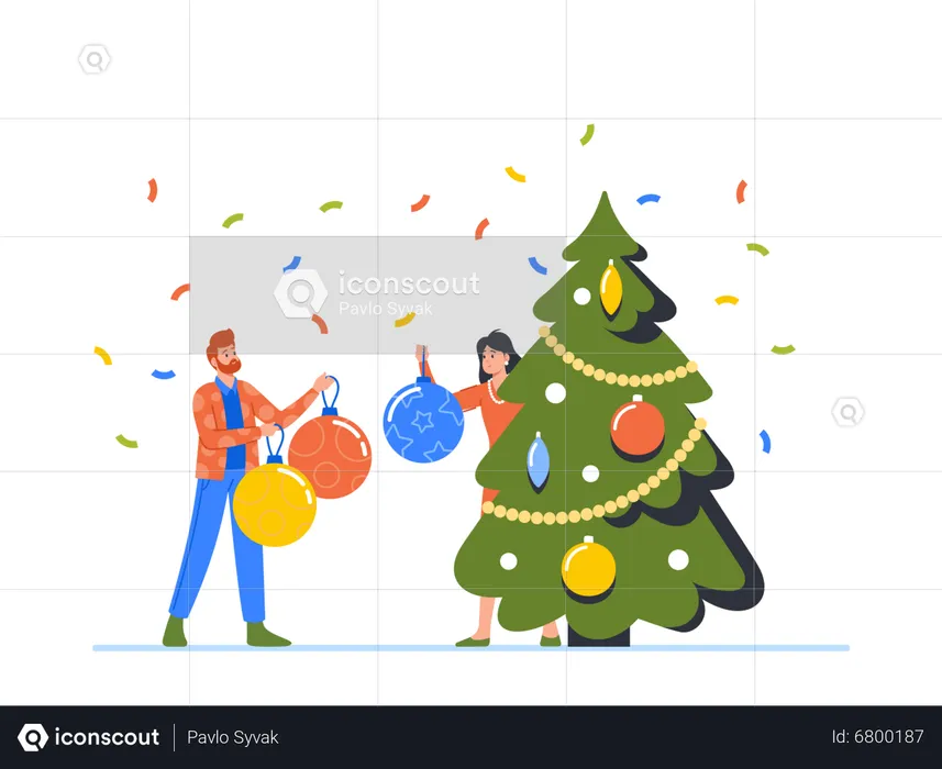 Homem e mulher felizes decorando árvore de Natal colocam bolas no galho  Ilustração