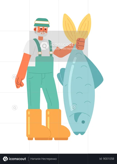 Homem sênior feliz pegando peixe  Ilustração