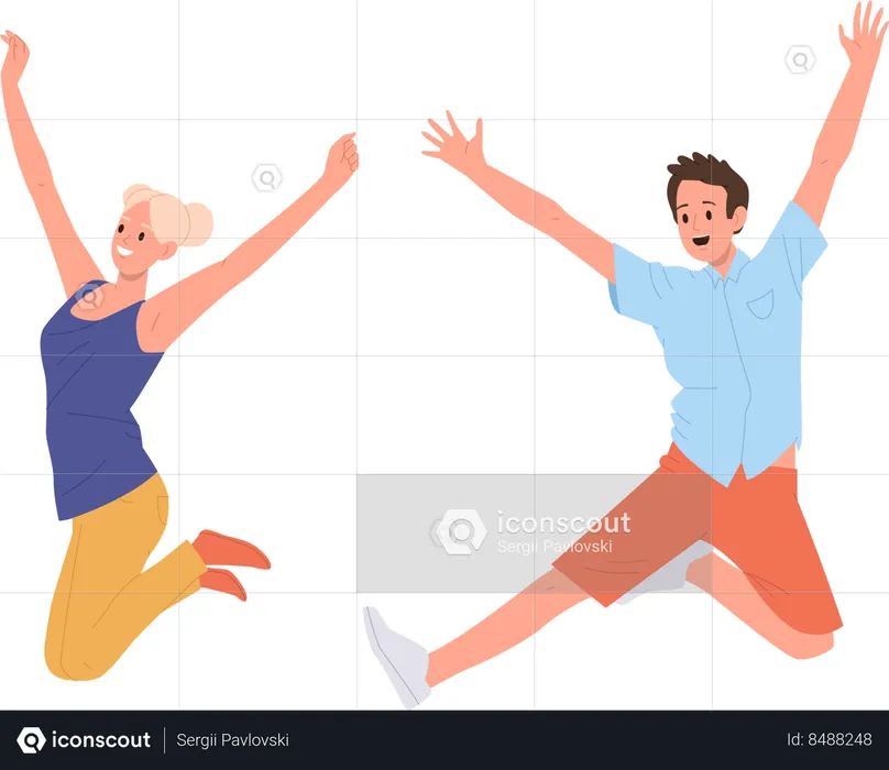 Feliz joven y mujer saltando sintiendo emoción positiva animando alegremente  Ilustración