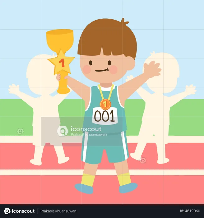 Niño lindo feliz sosteniendo el trofeo de oro  Ilustración