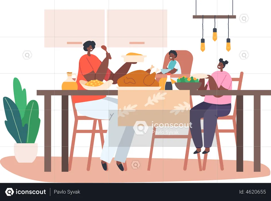 Feliz madre africana y niños pequeños cenando en la mesa con comida  Ilustración
