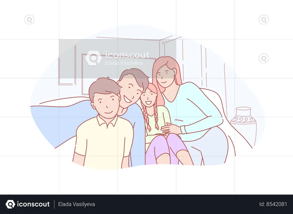 Feliz marido e mulher tirando foto selfie com seu filho e filha  Ilustração