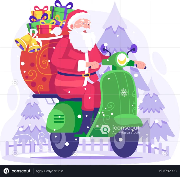 Feliz Papá Noel con cajas de regalo montando scooter para entregar regalos el día de Navidad  Ilustración