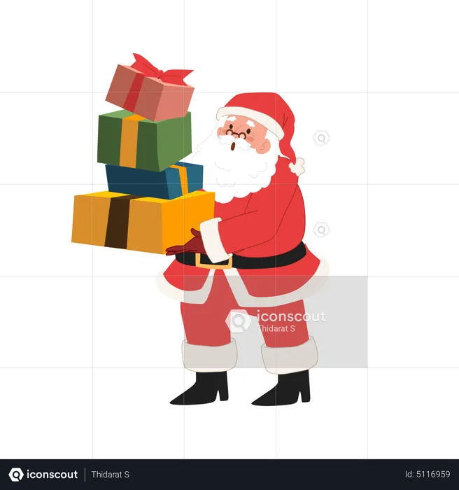 Feliz Papá Noel tiene una gran cantidad de cajas de regalo.  Ilustración