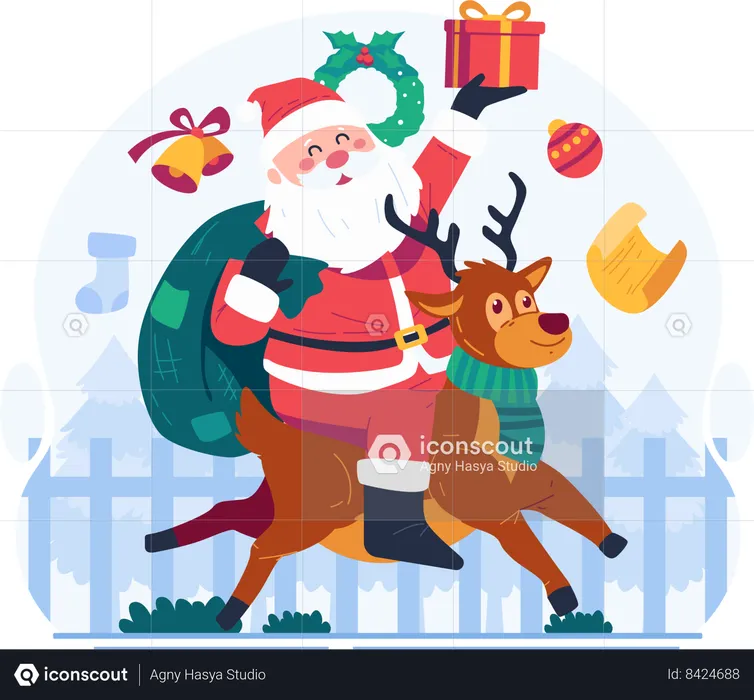 Feliz Papá Noel montado en un reno  Ilustración