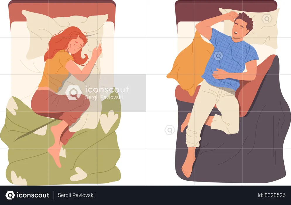 Feliz jovem relaxada e homem dormindo na cama  Ilustração