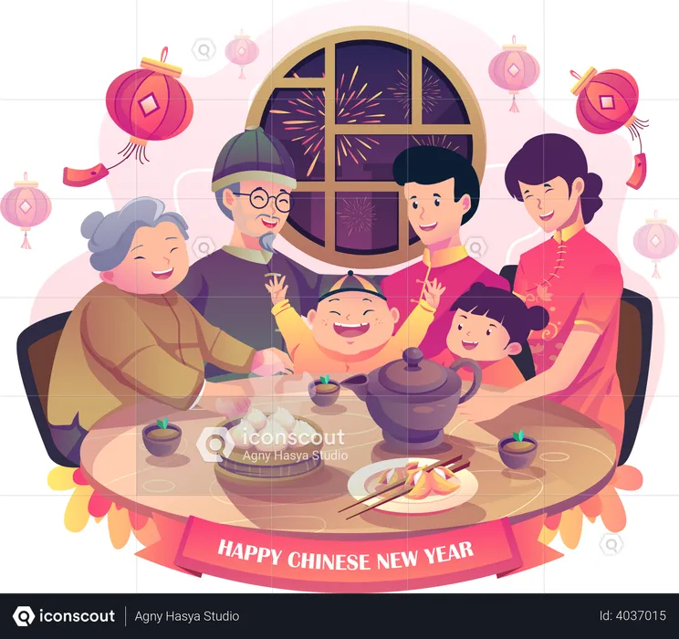 Feliz familia asiática reunida para la cena del año nuevo chino  Ilustración