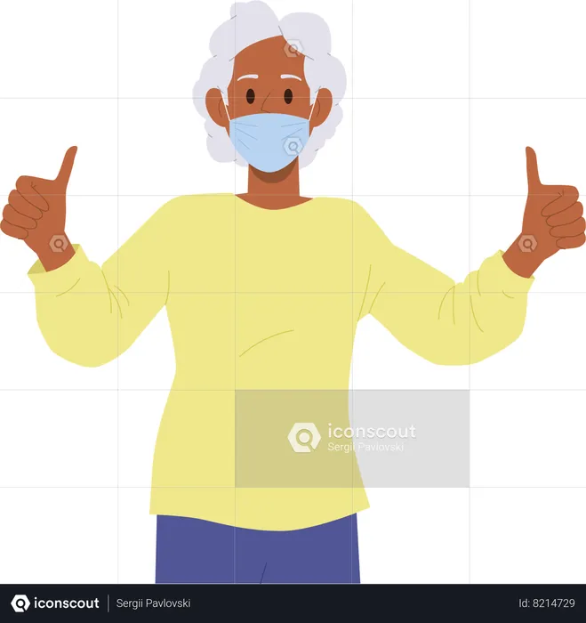 Feliz anciana satisfecha con máscara facial médica mostrando un gesto correcto  Ilustración