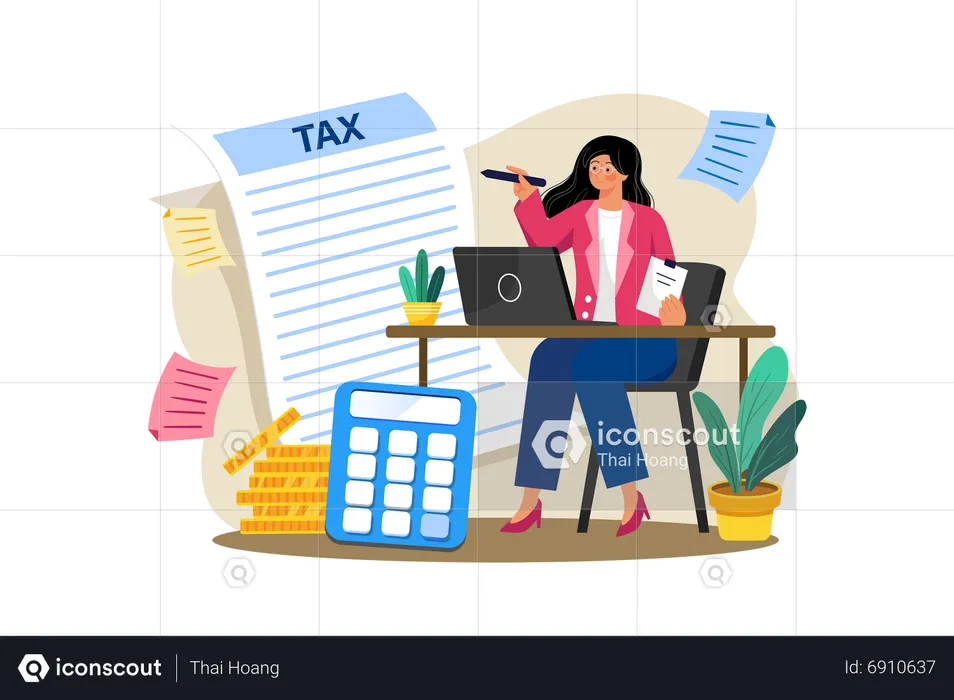 Female accountant prepares tax returns for small business  Illustration