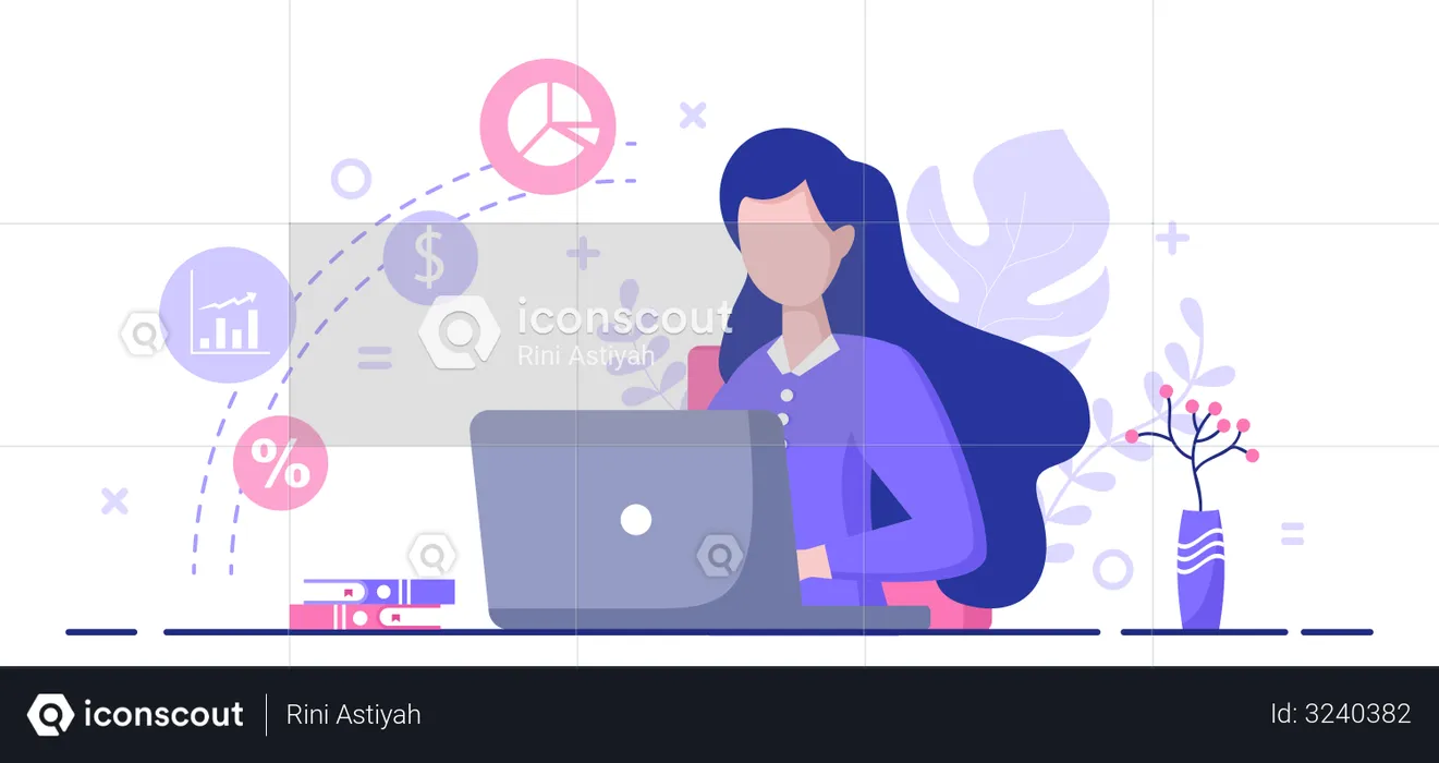 Female accountant working on laptop  Illustration
