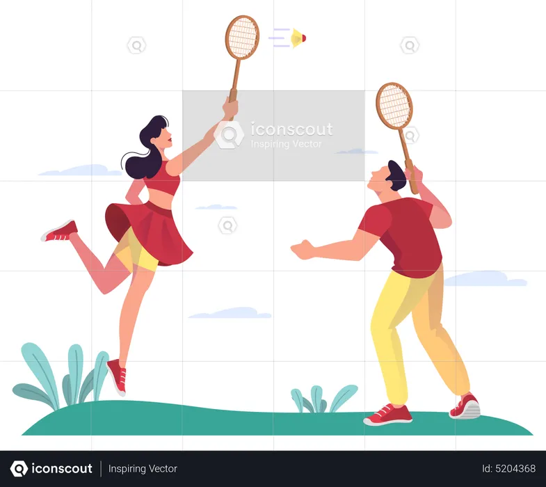 Female and male play badminton in the park  Illustration