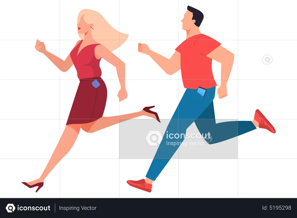 Female and male running with smartphone in their front pockets  Illustration