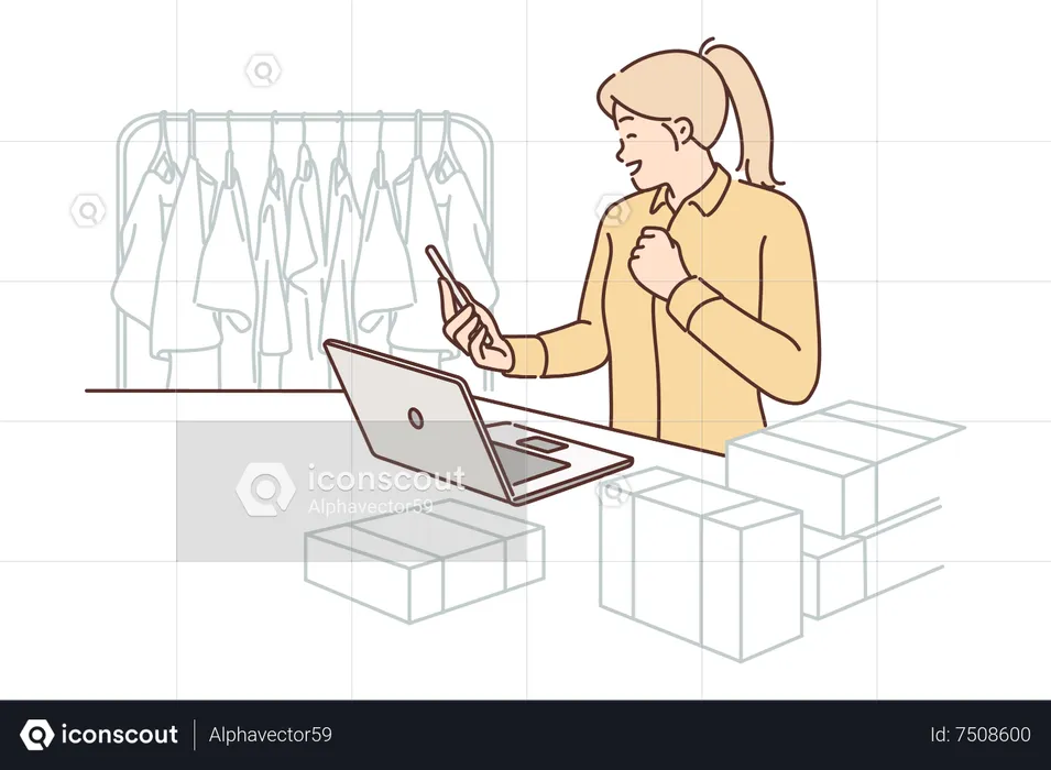 Female apparel seller taking orders online  Illustration