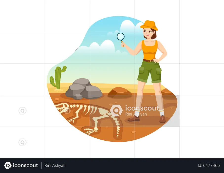 Female archeologist searching for fossil remains  Illustration