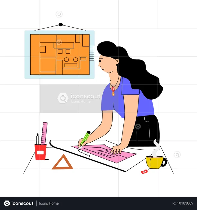 Female Architect Draw Blueprint  Illustration