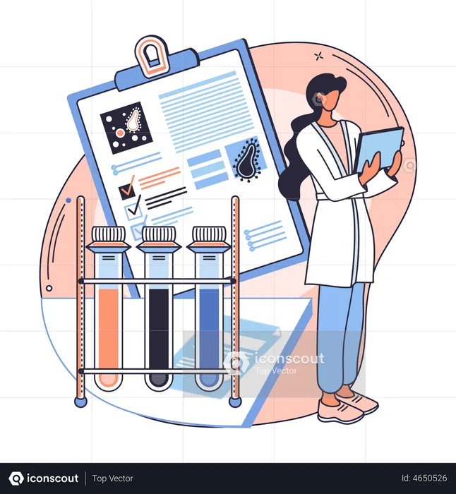 Female assistant research on diagnostic with report  Illustration