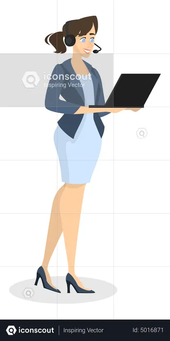 Female assistant standing with headphone with holding laptop  Illustration