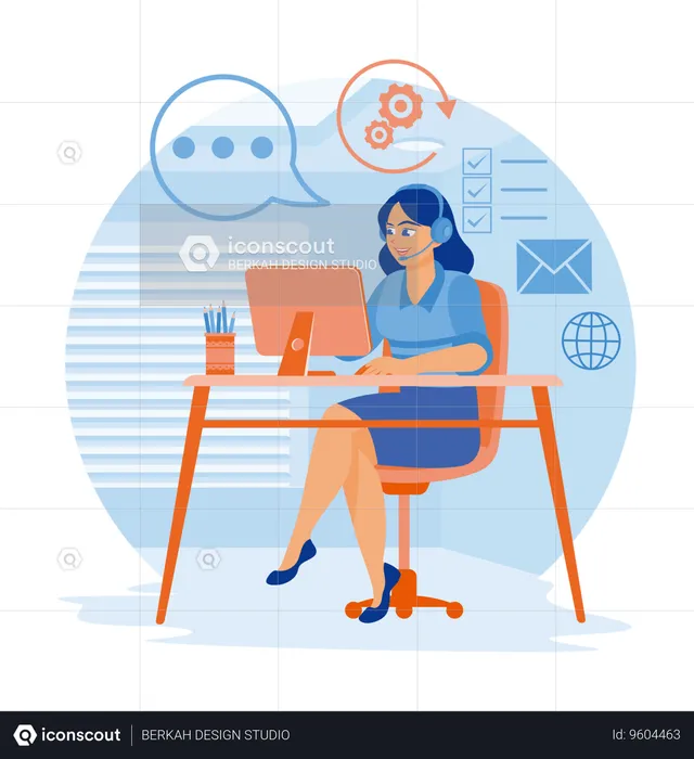 Female assistant working in call center office  Illustration