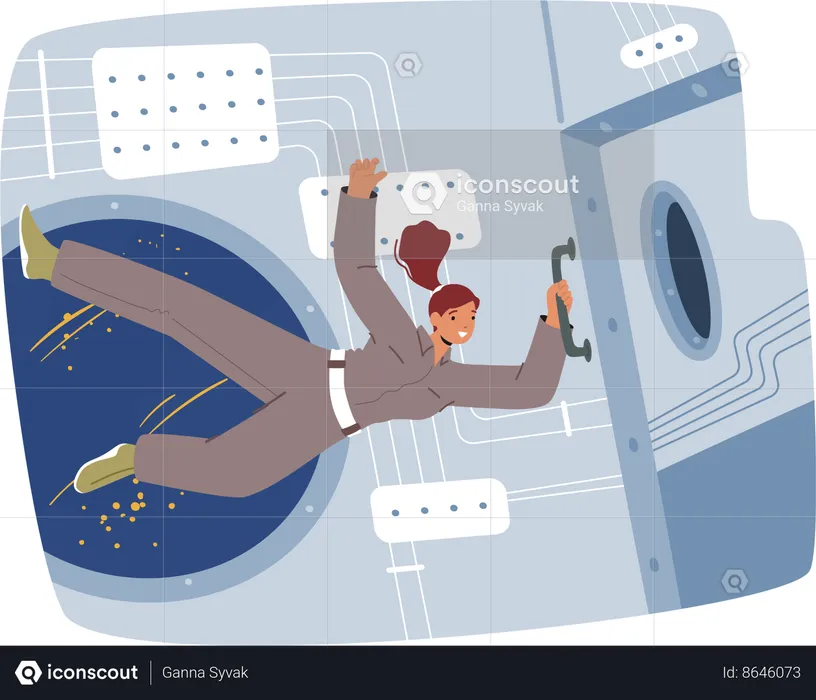 Female Astronaut Experience Weightlessness Inside Spaceship  Illustration