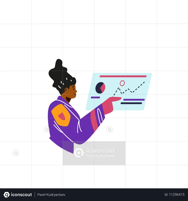 무중력 상태에서 터치스크린을 사용하는 여성 우주인  일러스트레이션