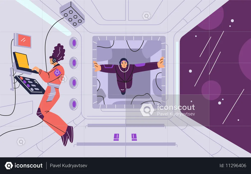 Female astronauts inside a spaceship with a window that overlooks the universe  Illustration