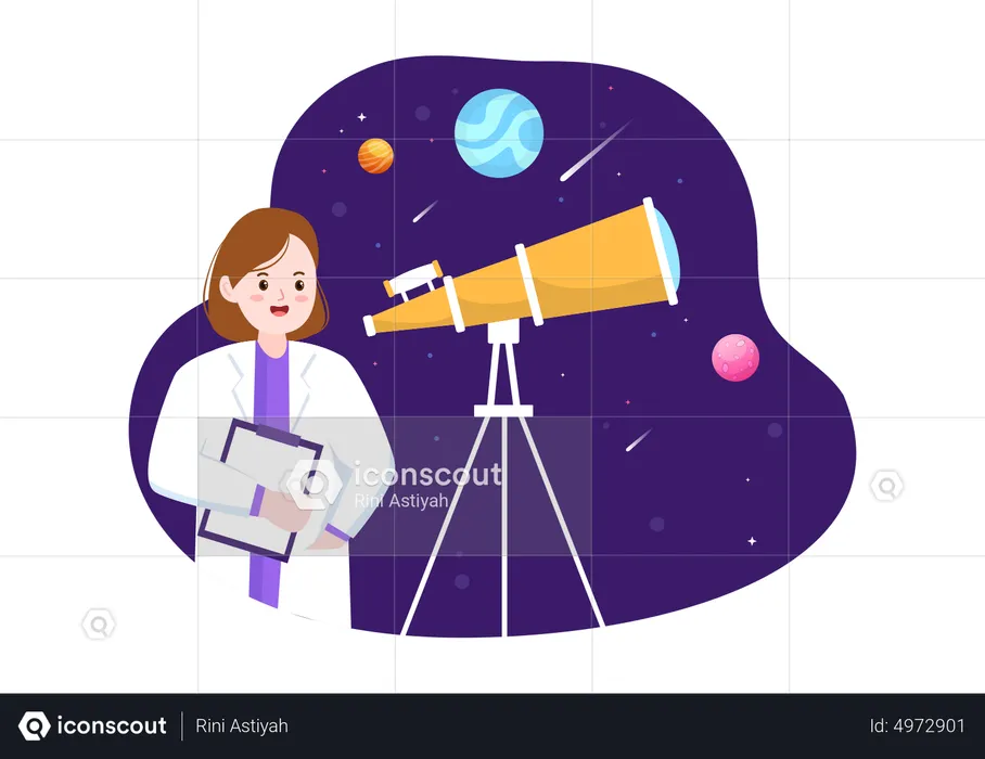Female Astronomer With A Telescope  Illustration