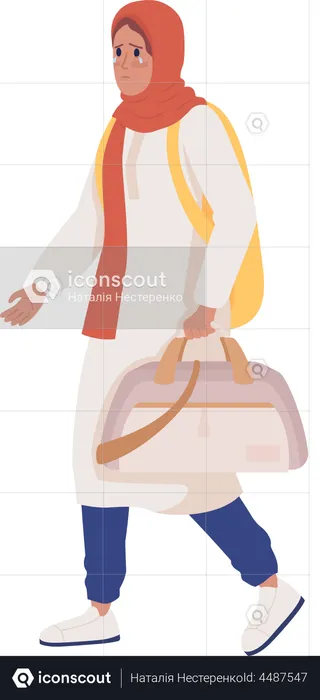 Female asylum-seeker with baggage and backpack  Illustration