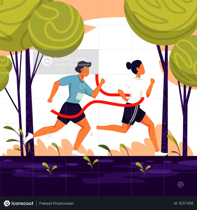 Best Premium Female athlete running marathon crosses the finish line, nature on background, cartoon character, vector illustration Illustration download in PNG & Vector format Best Premium Female athlete running marathon crosses the finish line, nature on background, cartoon character, vector illustration Illustration download in PNG & Vector format