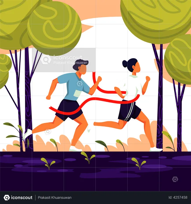 Female athlete running marathon crosses the finish line, nature on background, cartoon character, vector illustration  Illustration