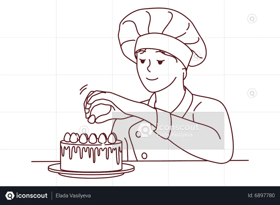 Female baker decorating cake  Illustration