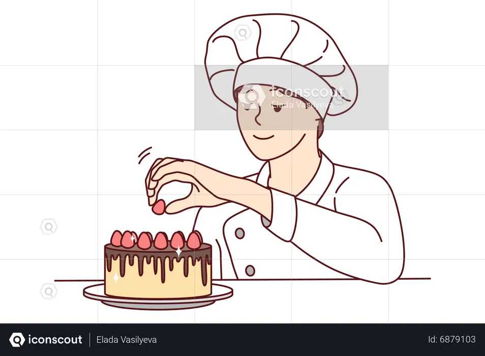 Female baker decorating cake  Illustration