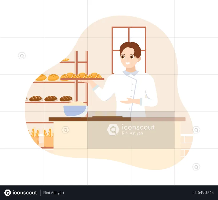 Female baker holding bread tray  Illustration