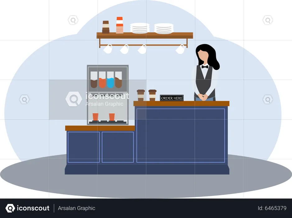 Female barista at coffee counter  Illustration