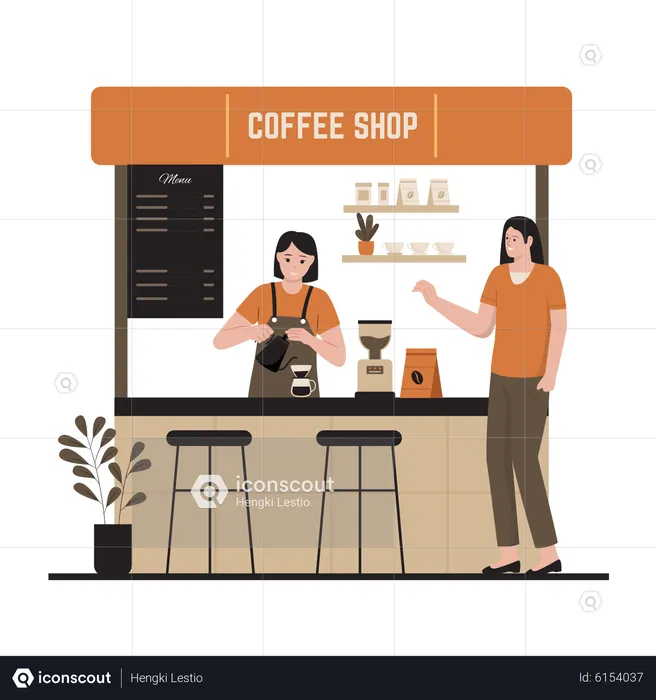 Female barista making coffee at street shop  Illustration